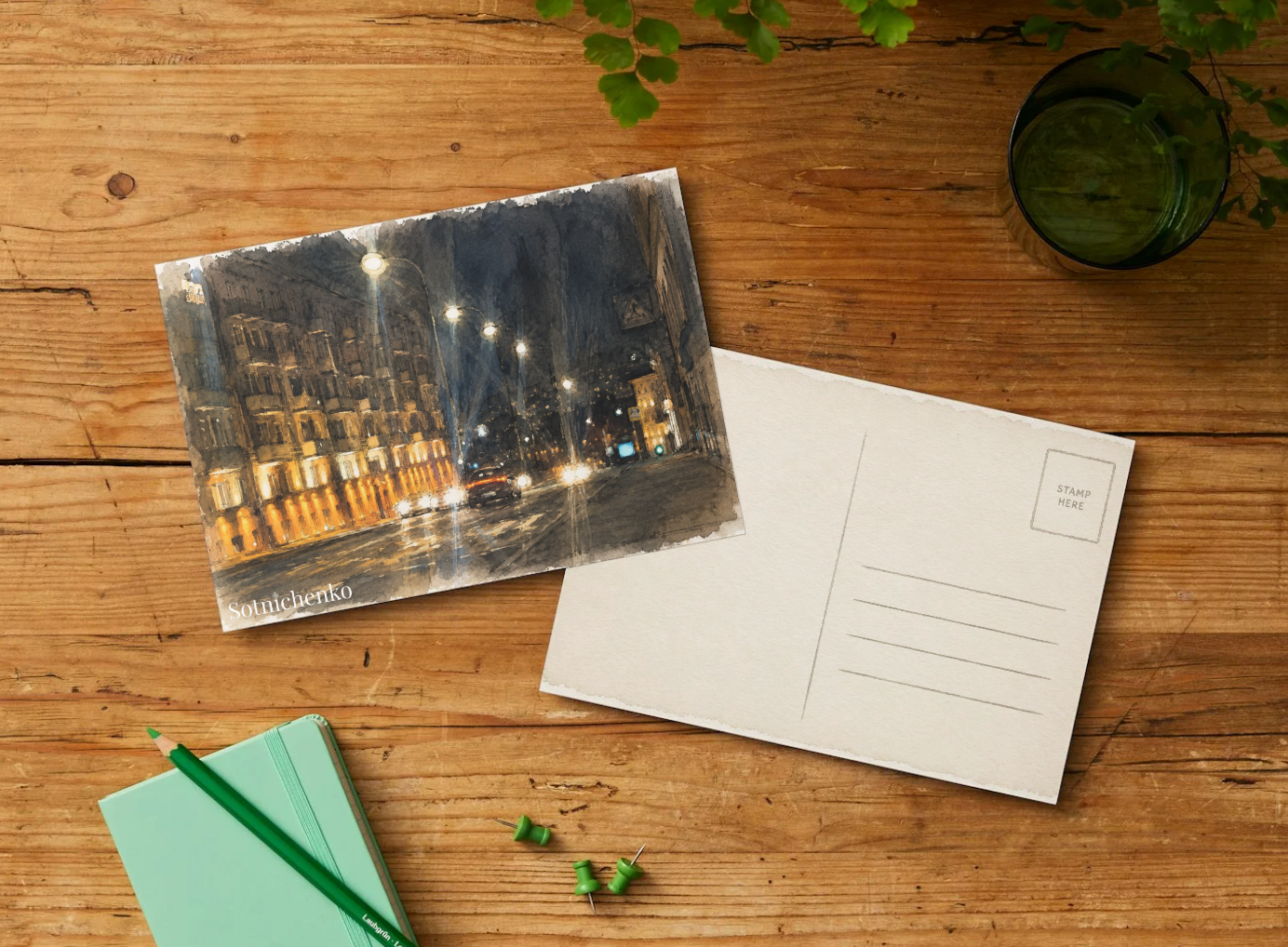 Night City Street Lights — Urban Printable Postcard