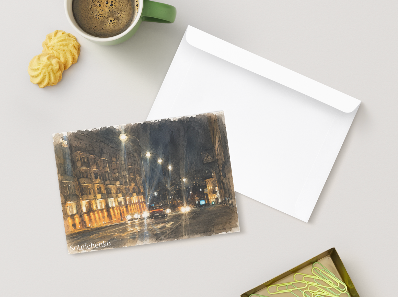 Night City Street Lights — Urban Printable Postcard
