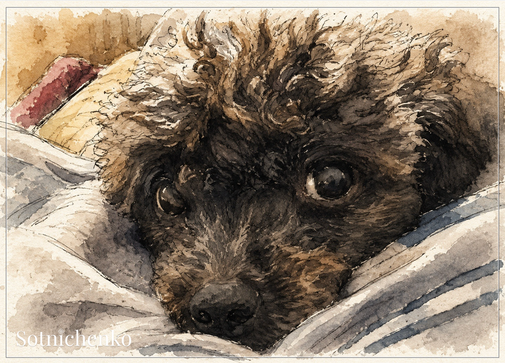 Poodle Eyes Under Blanket — Cozy Pet Printable Postcard