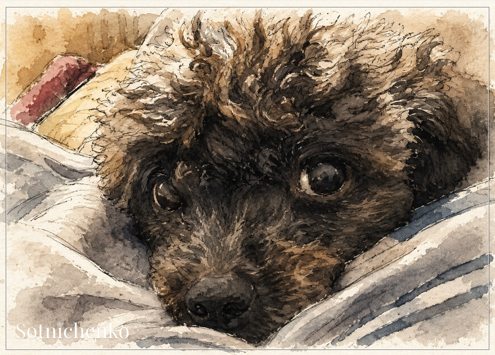 Poodle Eyes Under Blanket — Cozy Pet Printable Postcard