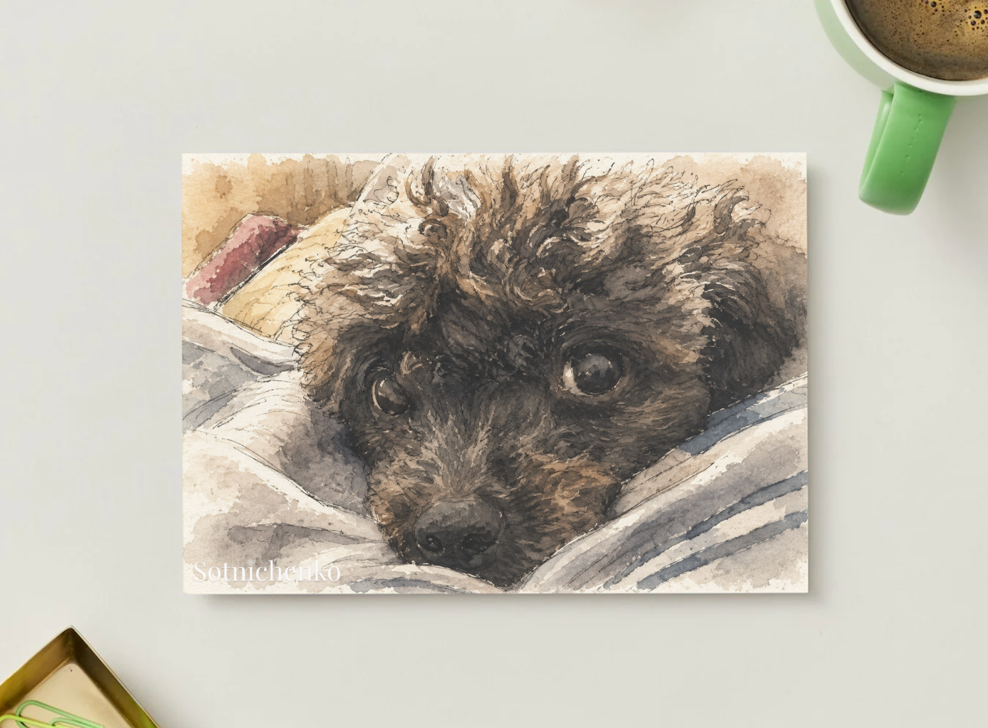 Poodle Eyes Under Blanket — Cozy Pet Printable Postcard