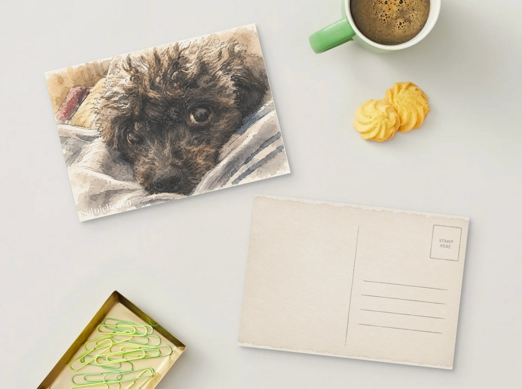 Poodle Eyes Under Blanket — Cozy Pet Printable Postcard