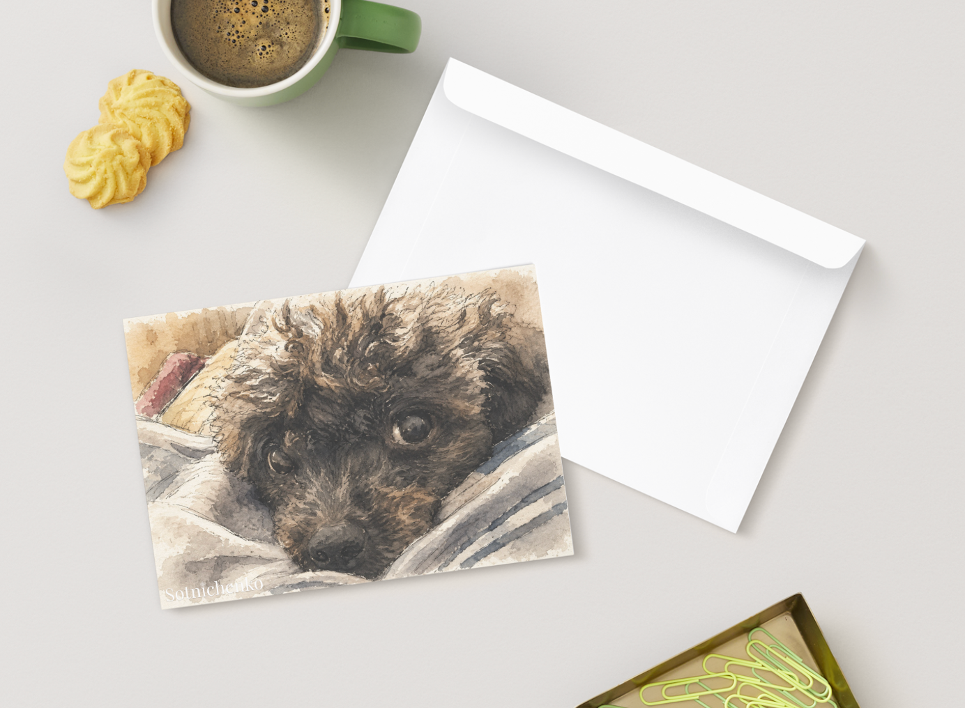 Poodle Eyes Under Blanket — Cozy Pet Printable Postcard
