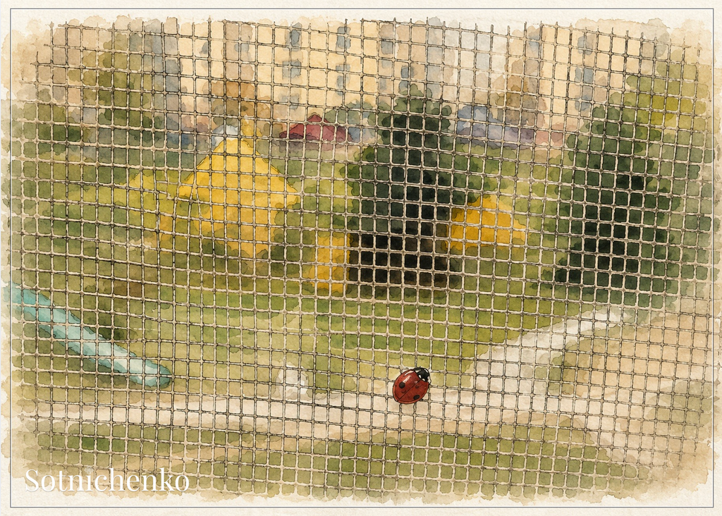Ladybug on Window Screen — Quiet Nature Printable Postcard