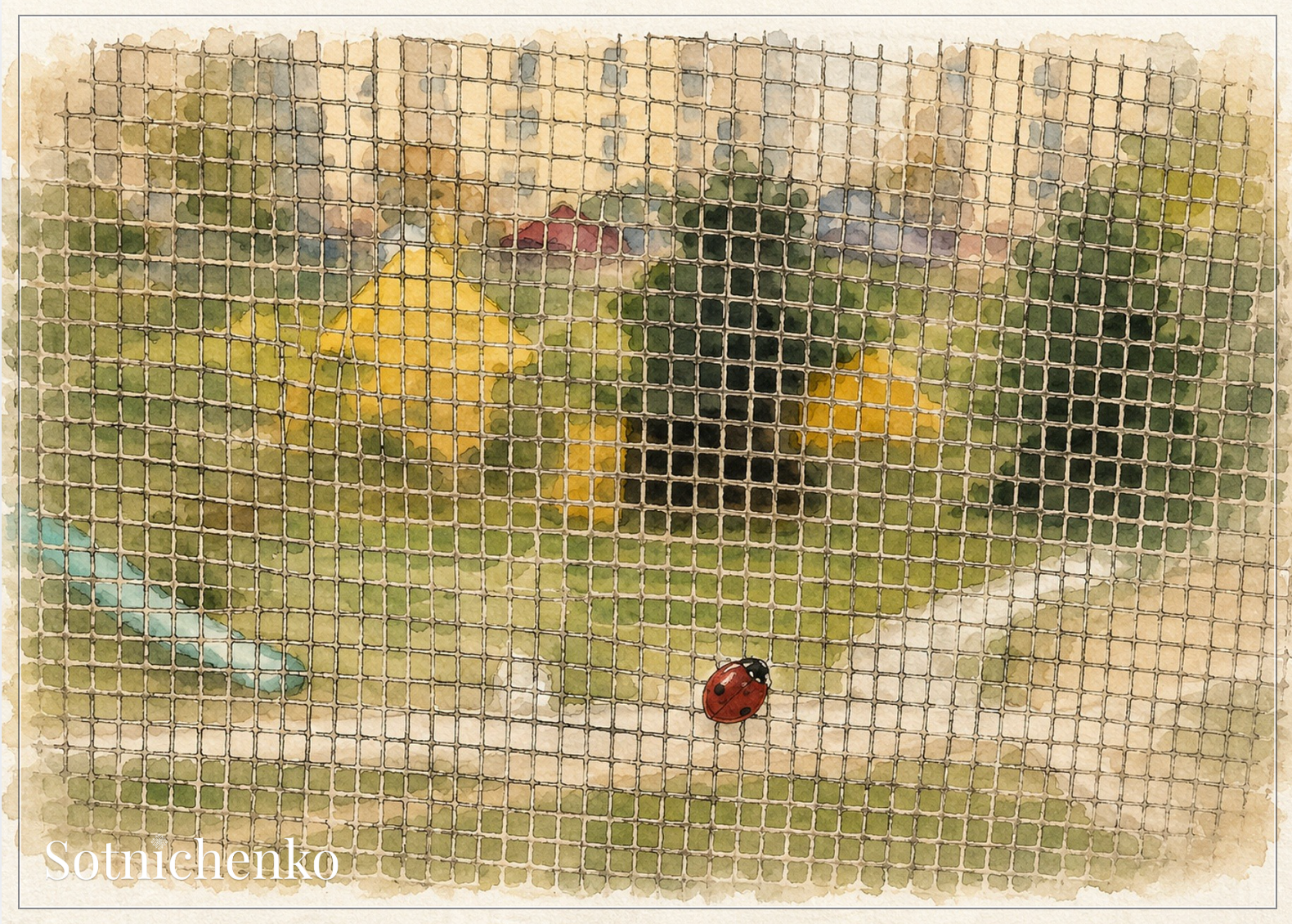 Ladybug on Window Screen — Quiet Nature Printable Postcard