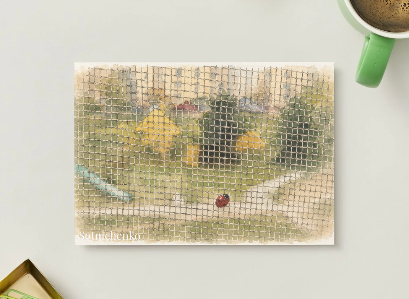 Ladybug on Window Screen — Quiet Nature Printable Postcard