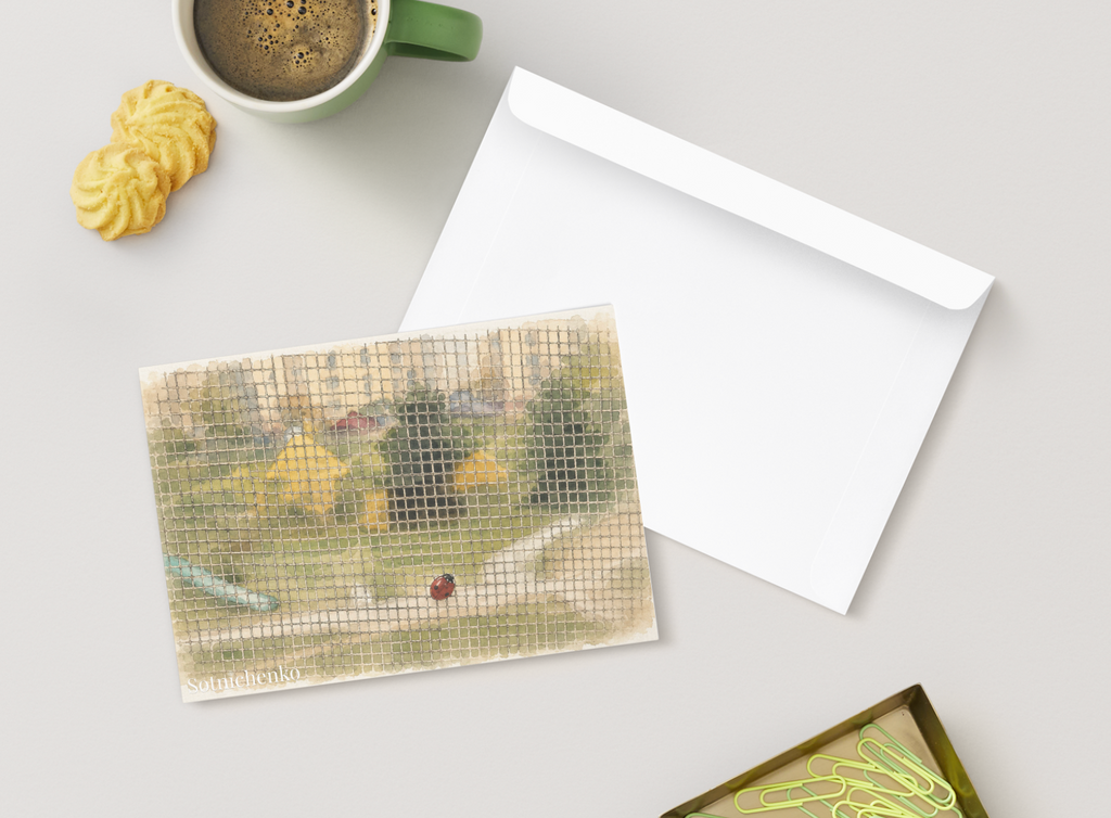 Ladybug on Window Screen — Quiet Nature Printable Postcard