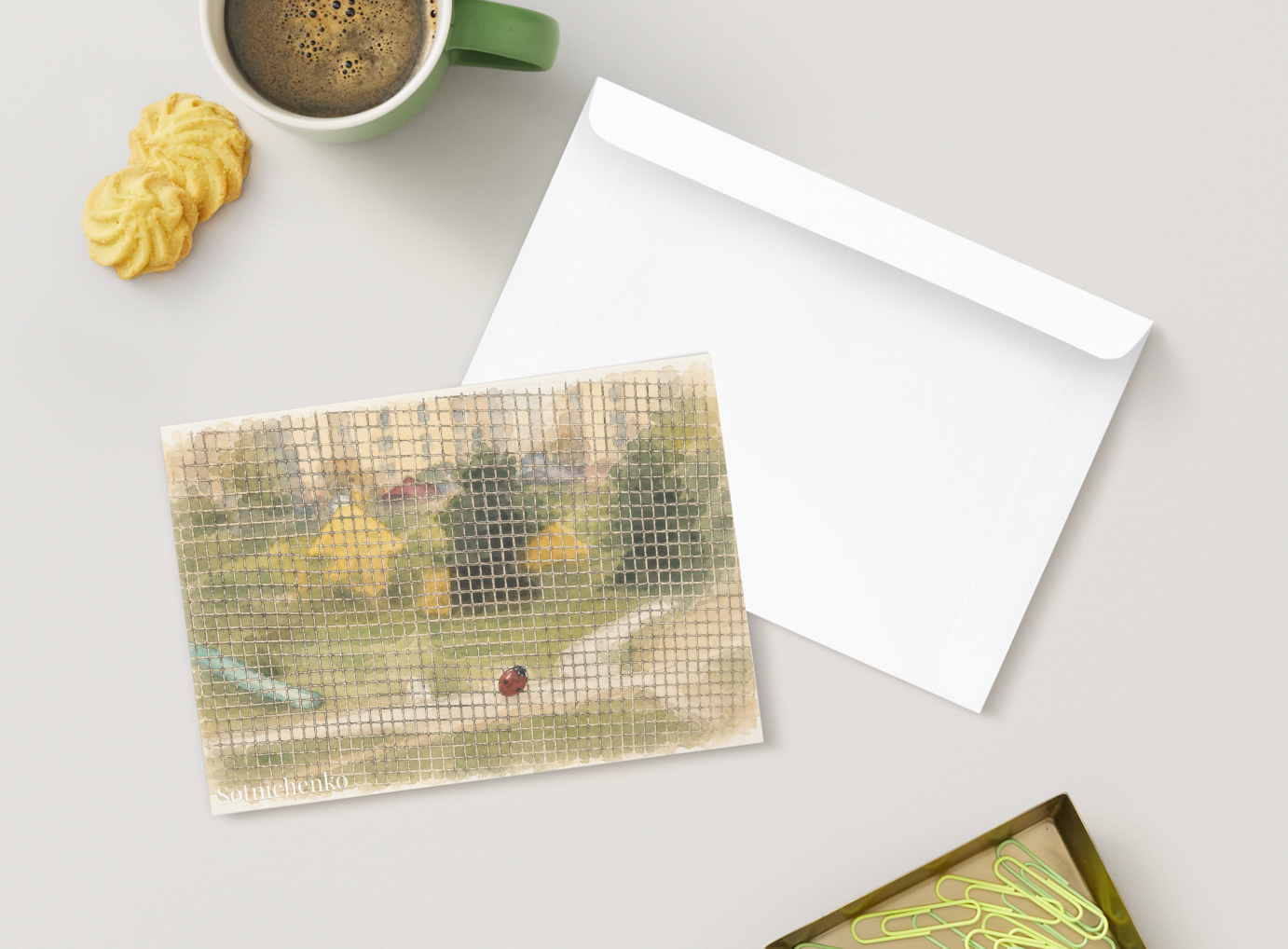 Ladybug on Window Screen — Quiet Nature Printable Postcard