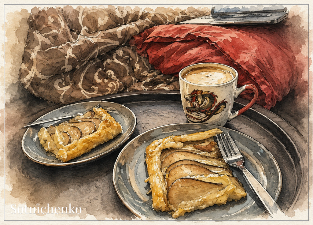 Pear Tart and Coffee — Cozy Food Printable Postcard