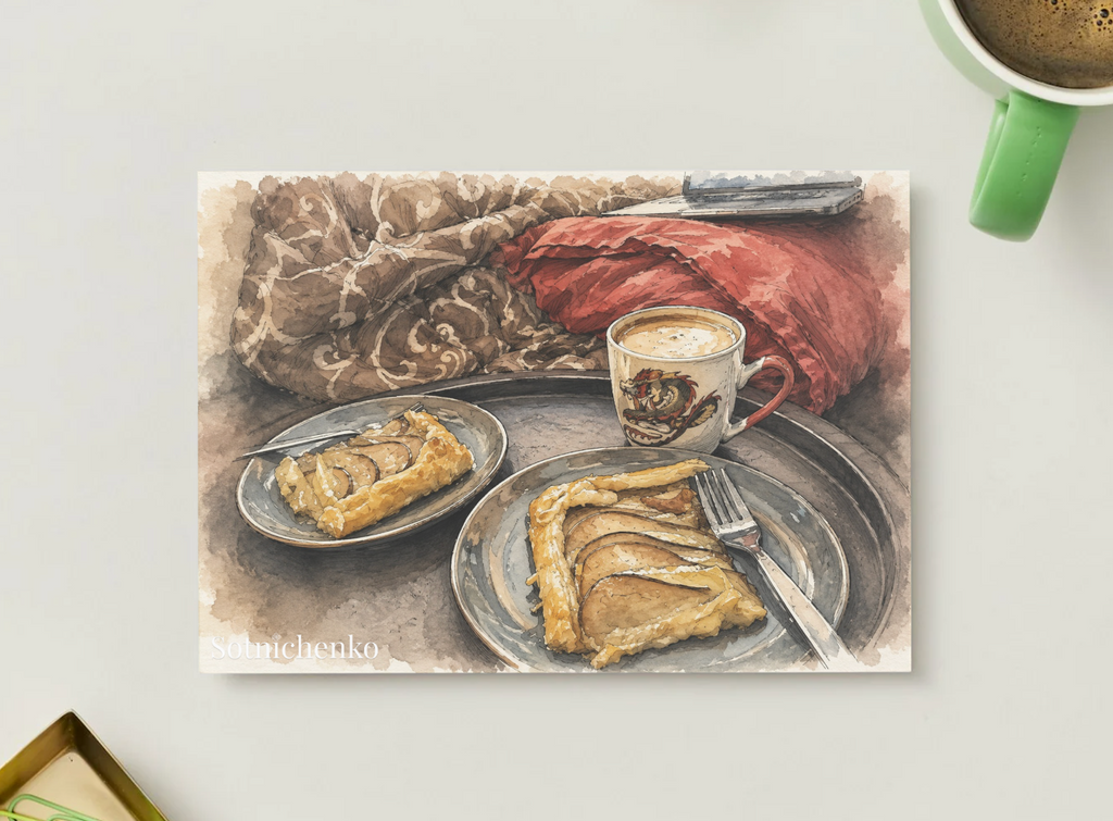 Pear Tart and Coffee — Cozy Food Printable Postcard