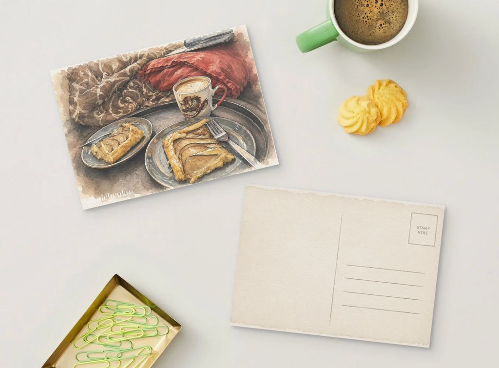 Pear Tart and Coffee — Cozy Food Printable Postcard