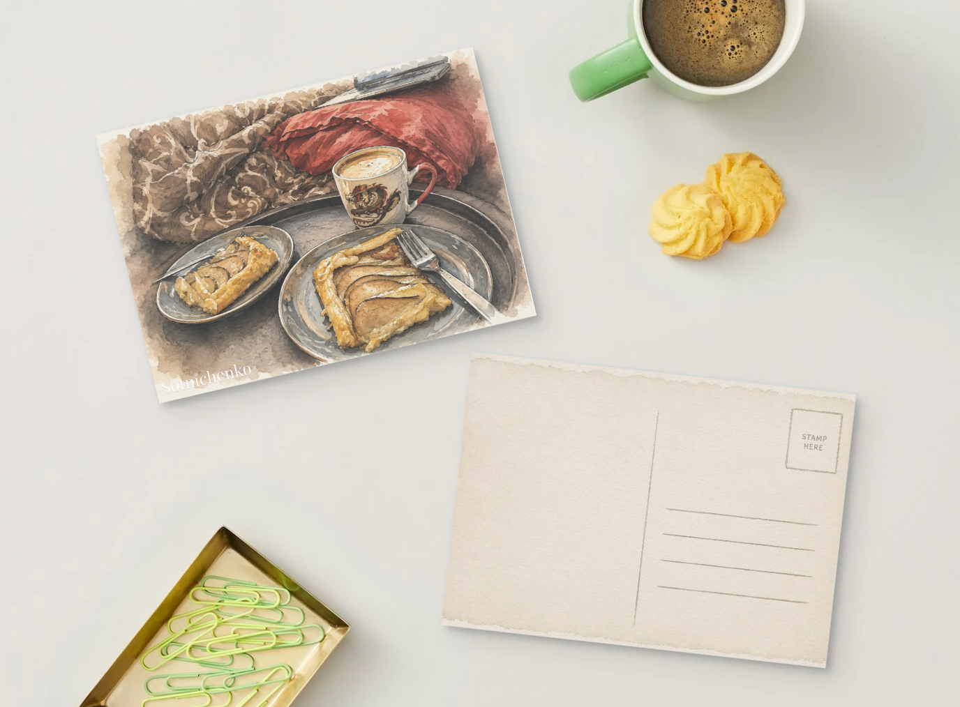 Pear Tart and Coffee — Cozy Food Printable Postcard