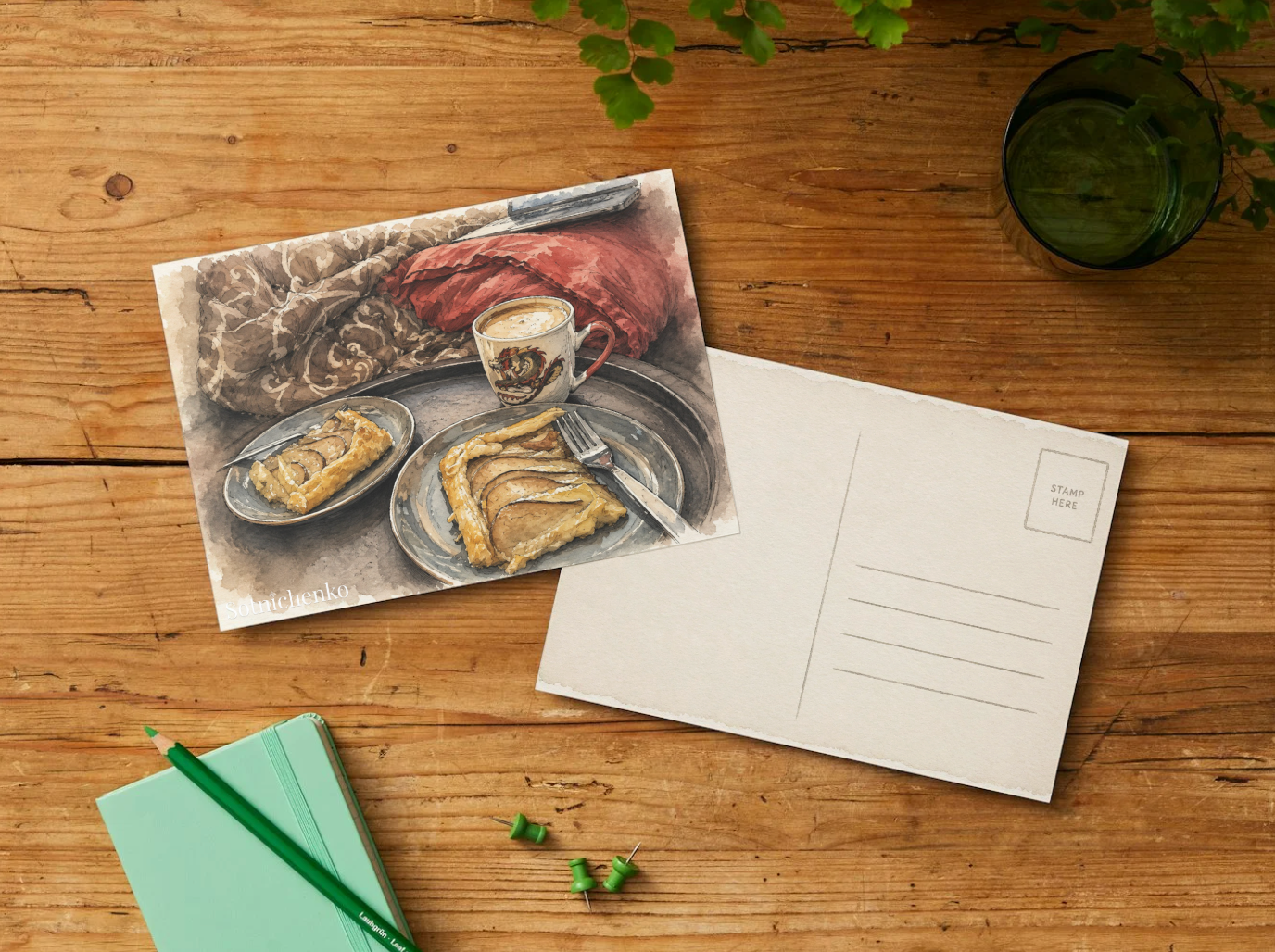 Pear Tart and Coffee — Cozy Food Printable Postcard