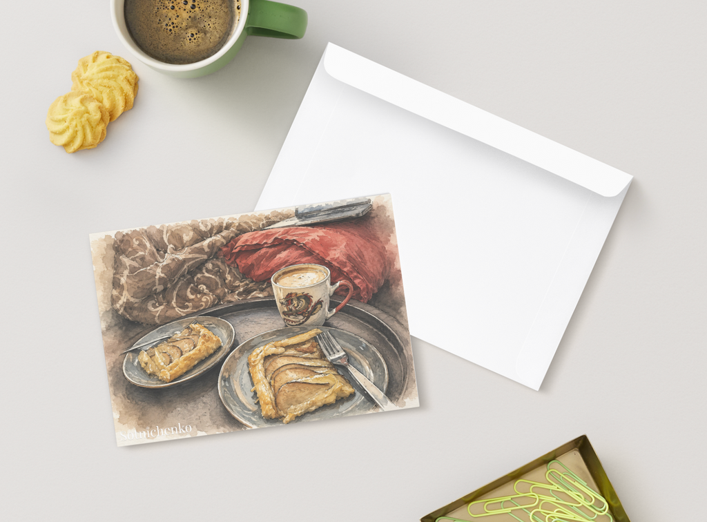 Pear Tart and Coffee — Cozy Food Printable Postcard