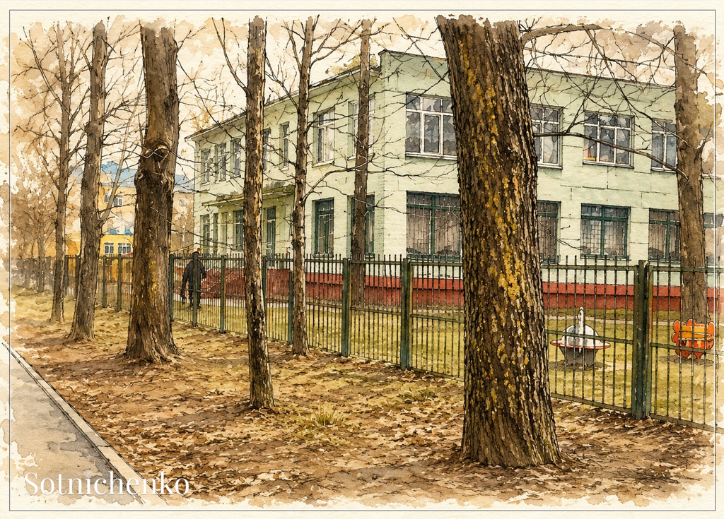 Quiet Schoolyard Behind Trees — Urban Printable Postcard