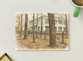 Quiet Schoolyard Behind Trees — Urban Printable Postcard
