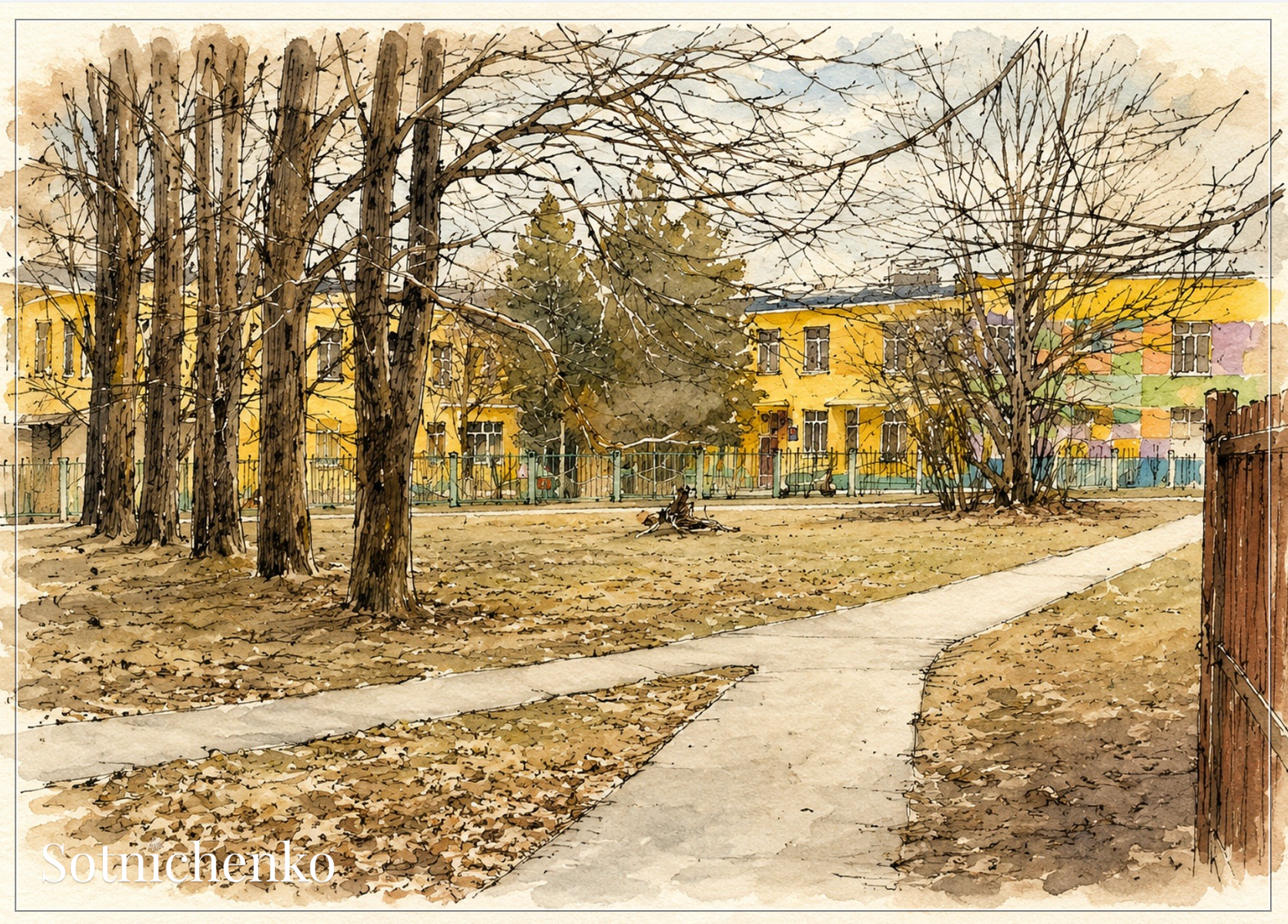 Quiet School Path in Autumn — Urban Printable Postcard