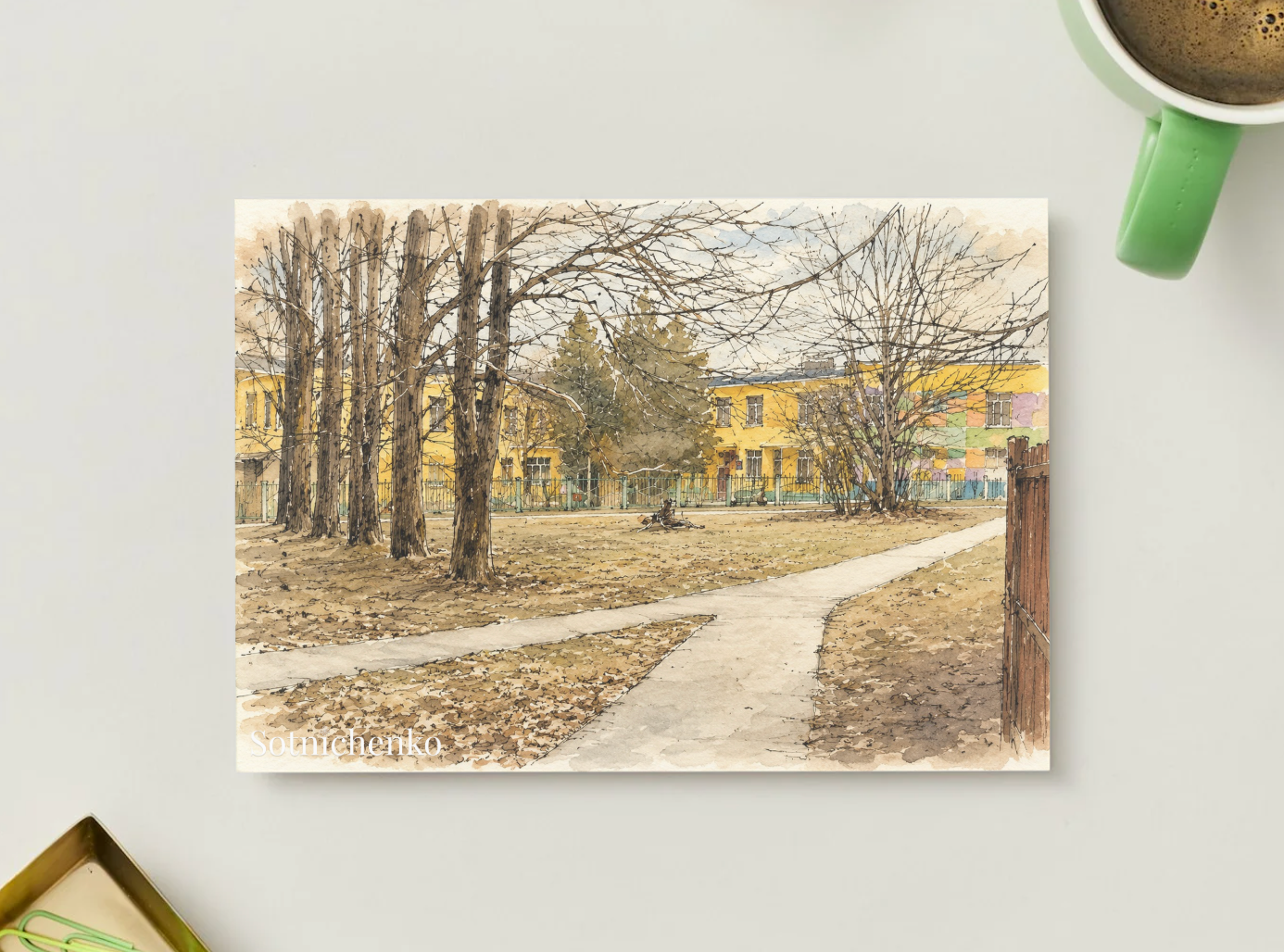 Quiet School Path in Autumn — Urban Printable Postcard