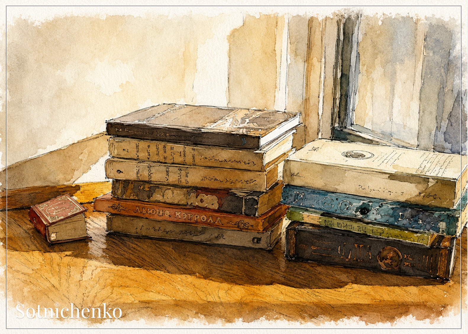 Stack of Books by the Window — Cozy Reading Printable Postcard