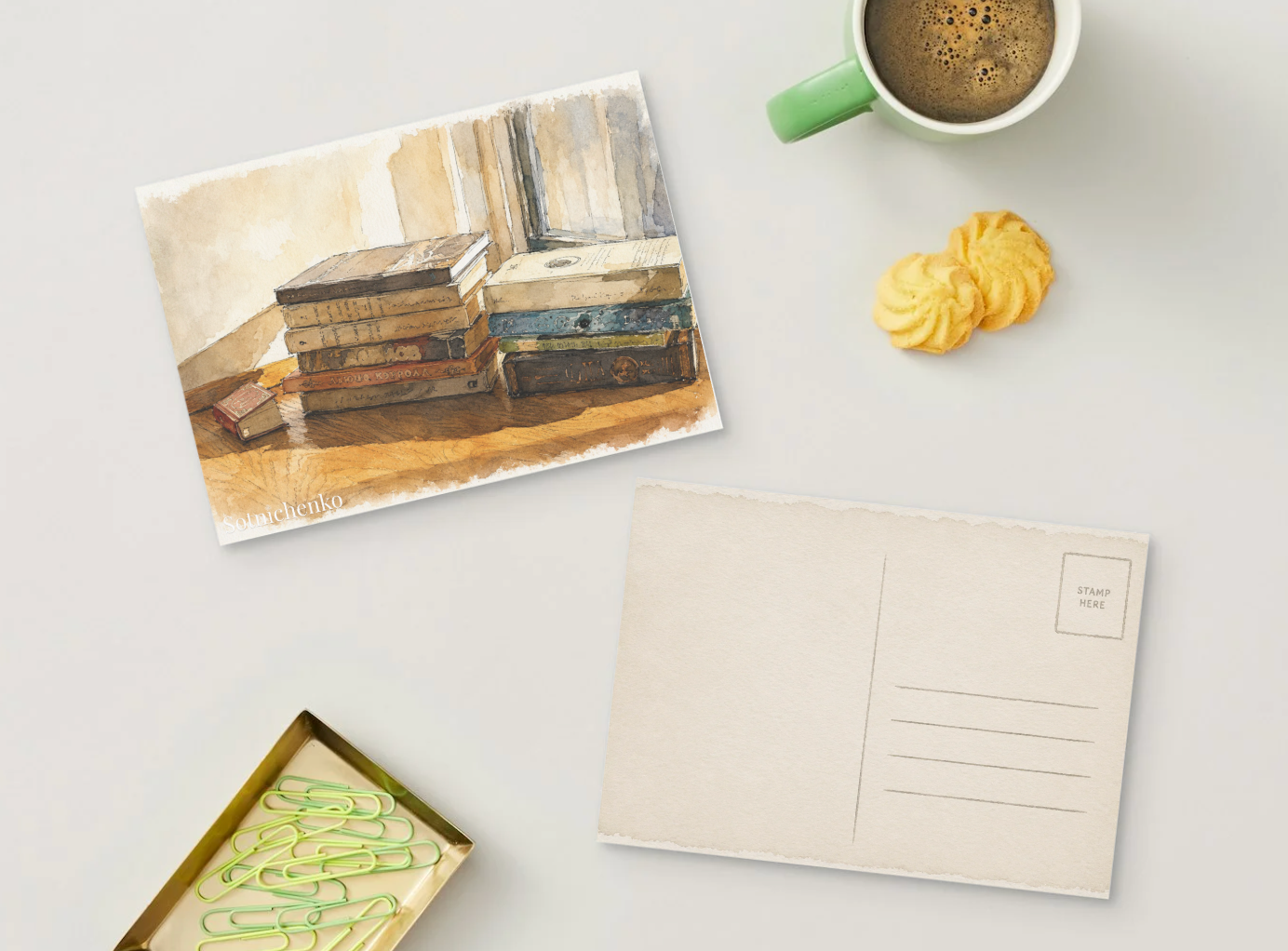 Stack of Books by the Window — Cozy Reading Printable Postcard