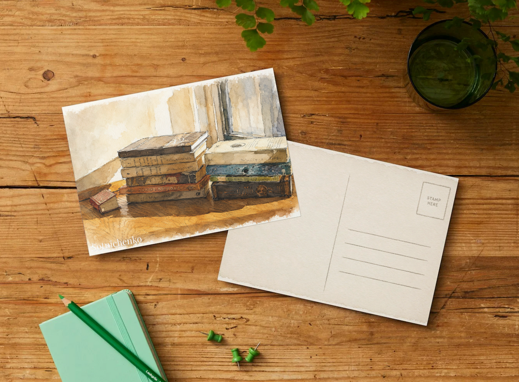 Stack of Books by the Window — Cozy Reading Printable Postcard