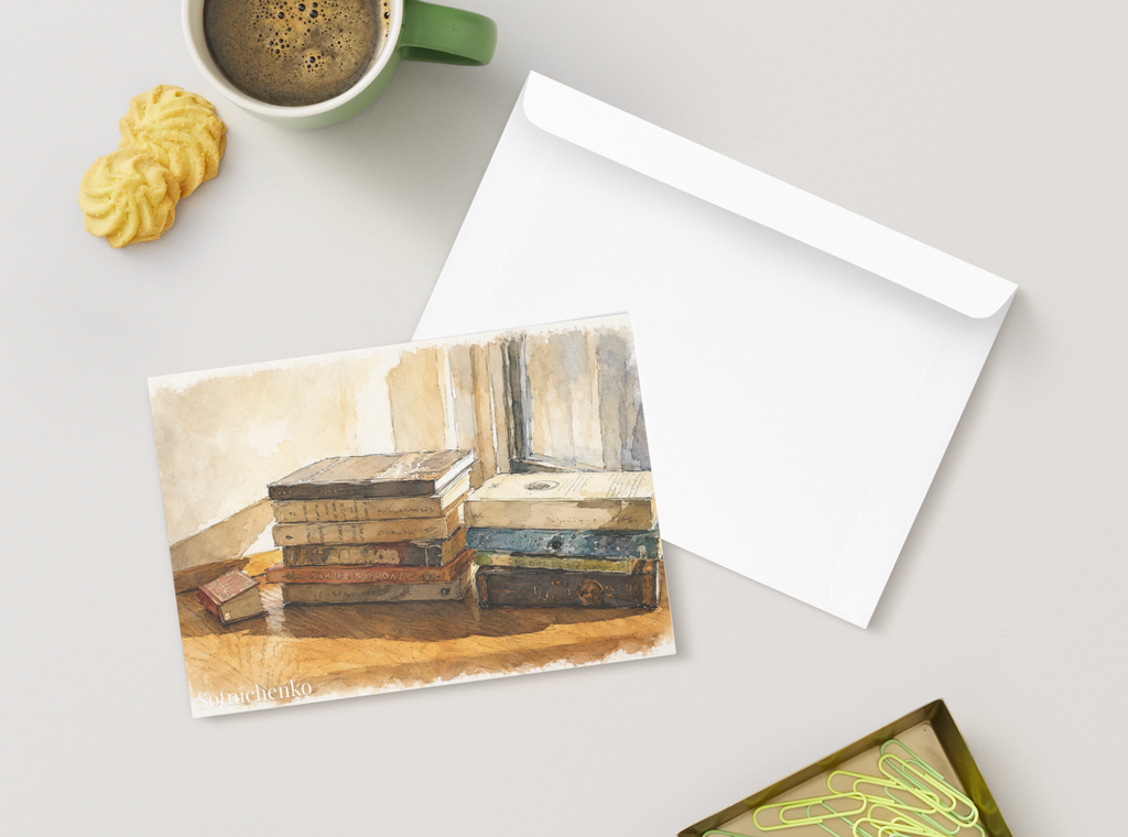 Stack of Books by the Window — Cozy Reading Printable Postcard
